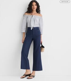 LOFT Palmer Wide Leg Crop Pants Cotton Linen Navy Blue Sz 16 Tall NWT $75 {3M31}